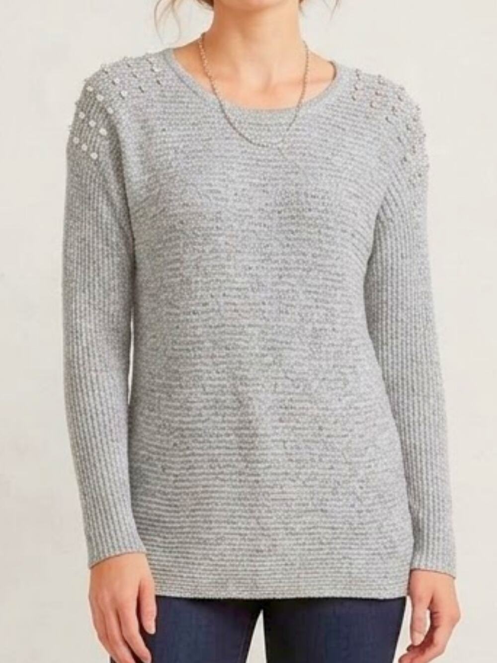 I.N. STUDIO Petite Gray Knit Sweater with Gemstone Detail - XLP, NWT!